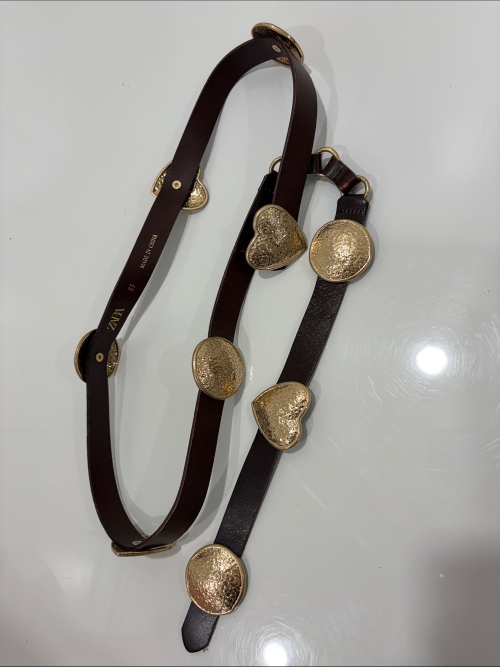 Zara Dark Brown Leather Belt with Gold Heart & Round Medallions